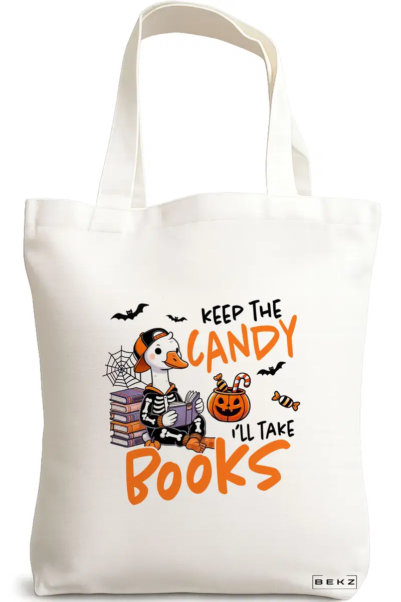 Sacosa Cumparaturi Textila, Geanta Tote, model Keep the candy I'll take books 38 x 34.5 cm, Alb, BEKZ®