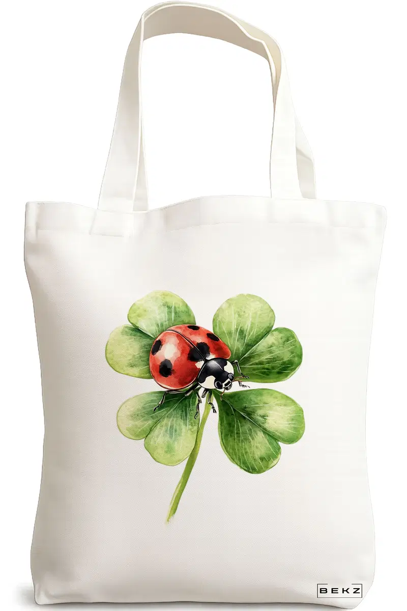 Sacosa Cumparaturi Textila, Geanta Tote, model Lucky Ladybug 38 x 34.5 cm, Alb, BEKZ®