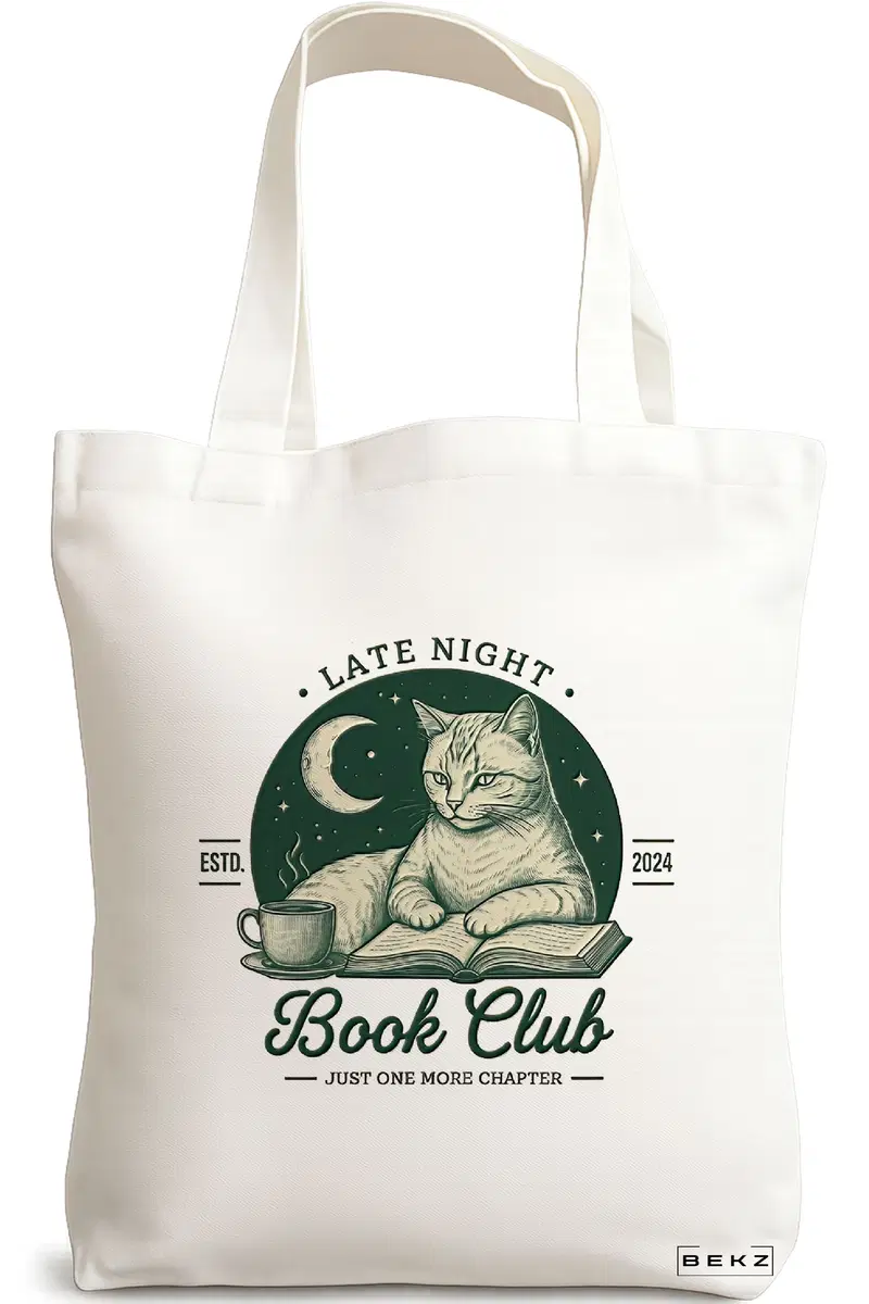 Sacosa Cumparaturi Textila, Geanta Tote, model Late night book club 38 x 34.5 cm, Alb, BEKZ®