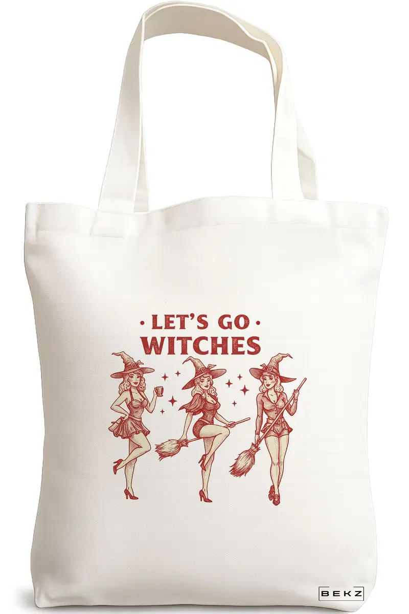 Sacosa Cumparaturi Textila, Geanta Tote, model Let's go witches 38 x 34.5 cm, Alb, BEKZ®