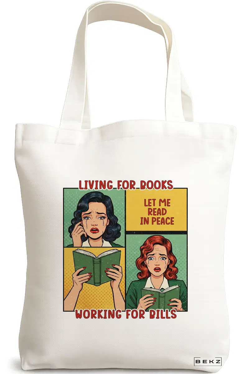 Sacosa Cumparaturi Textila, Geanta Tote, model Living for books, working for pills 38 x 34.5 cm, Alb, BEKZ®
