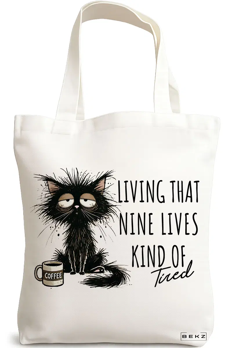 Sacosa Cumparaturi Textila, Geanta Tote, model Living that nine lives Kind of tired 38 x 34.5 cm, Alb, BEKZ®