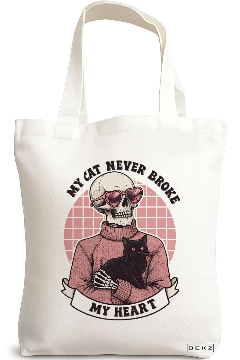 Sacosa Cumparaturi Textila, Geanta Tote, model My cat never broke my heart 38 x 34.5 cm, Alb, BEKZ®