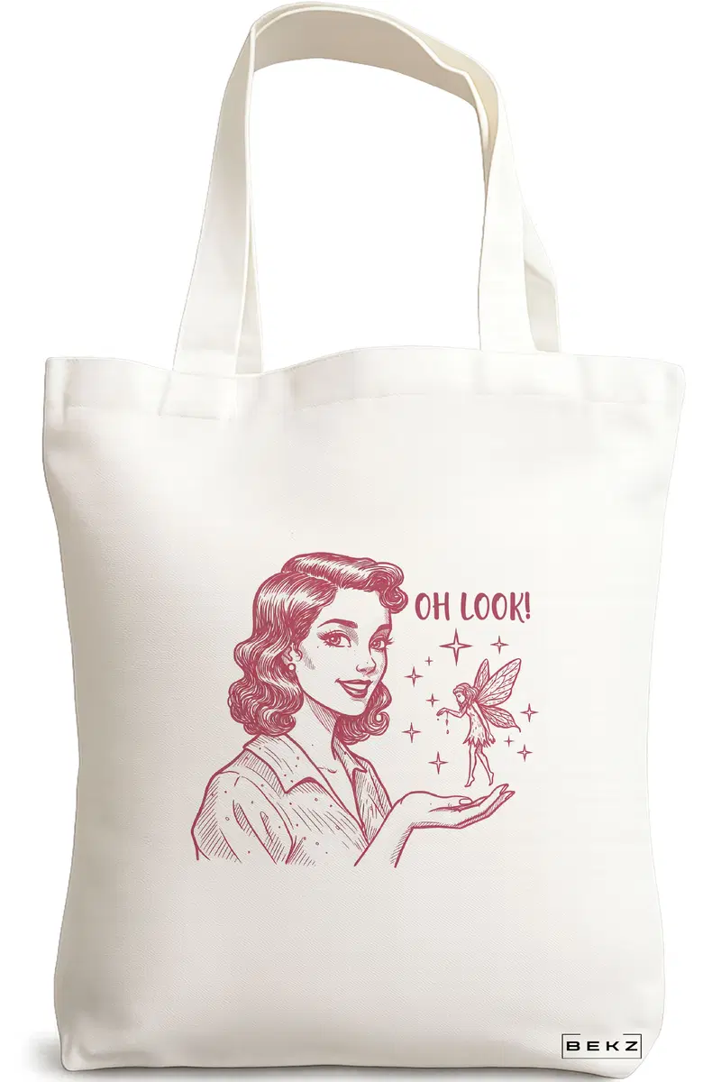 Sacosa Cumparaturi Textila, Geanta Tote, model Fairy Encounter 38 x 34.5 cm, Alb, BEKZ®