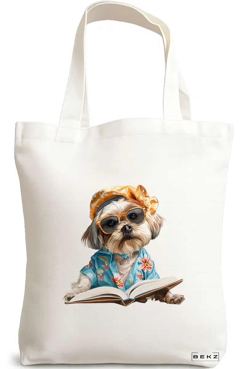 Sacosa Cumparaturi Textila, Geanta Tote, model Reading puppy 14 38 x 34.5 cm, Alb, BEKZ®
