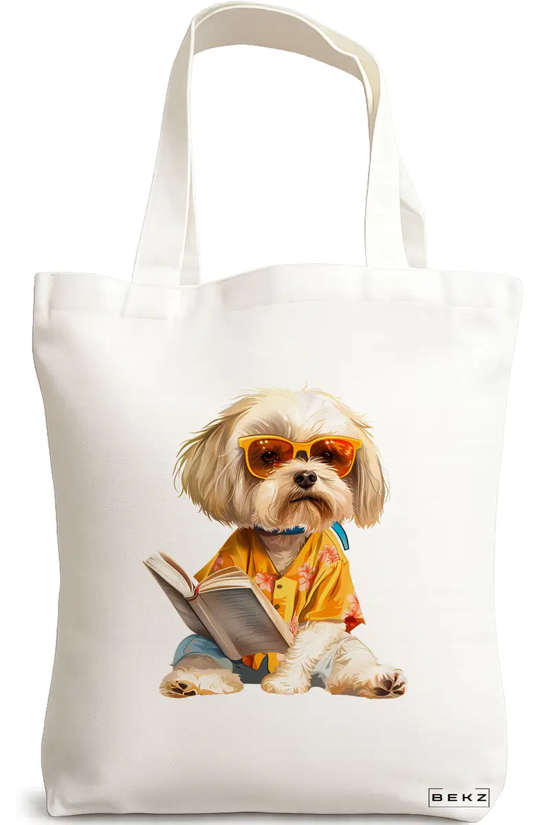 Sacosa Cumparaturi Textila, Geanta Tote, model Reading puppy 15 38 x 34.5 cm, Alb, BEKZ®