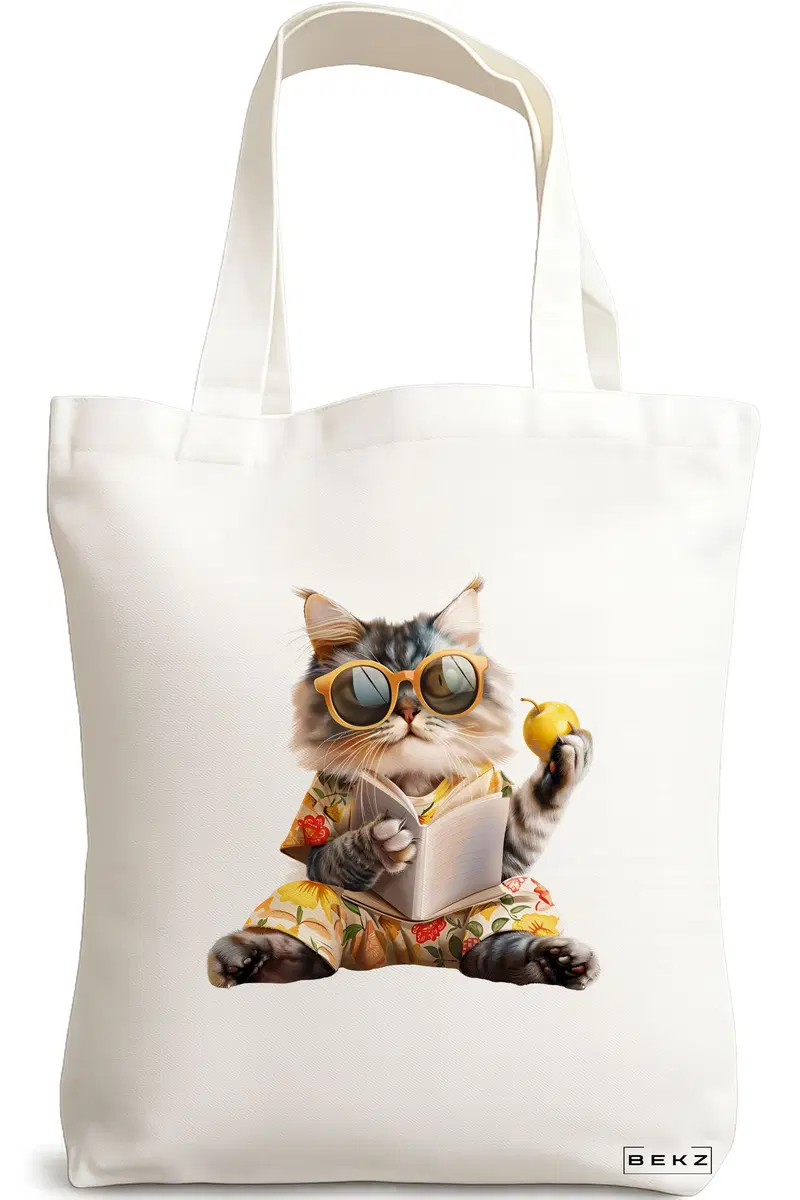 Sacosa Cumparaturi Textila, Geanta Tote, model Reading cat 4 38 x 34.5 cm, Alb, BEKZ®