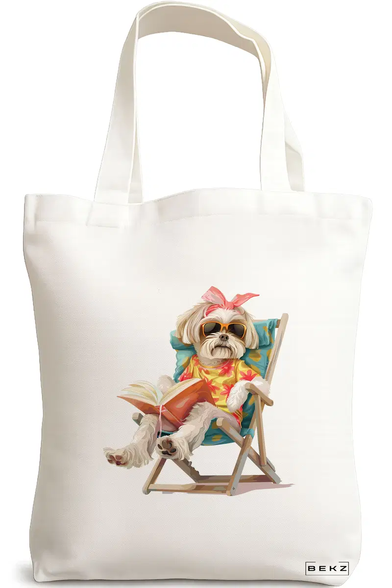 Sacosa Cumparaturi Textila, Geanta Tote, model Reading puppy 16 38 x 34.5 cm, Alb, BEKZ®