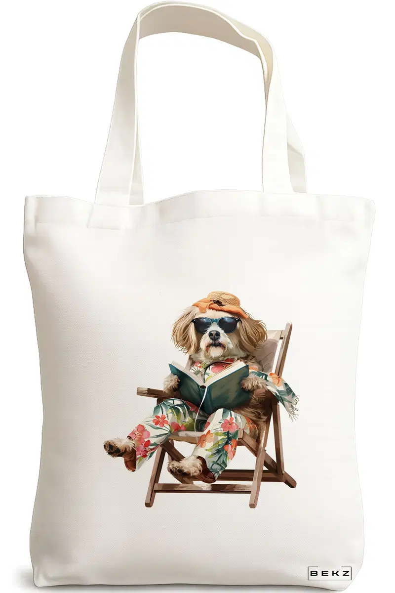 Sacosa Cumparaturi Textila, Geanta Tote, model Reading puppy 17 38 x 34.5 cm, Alb, BEKZ®