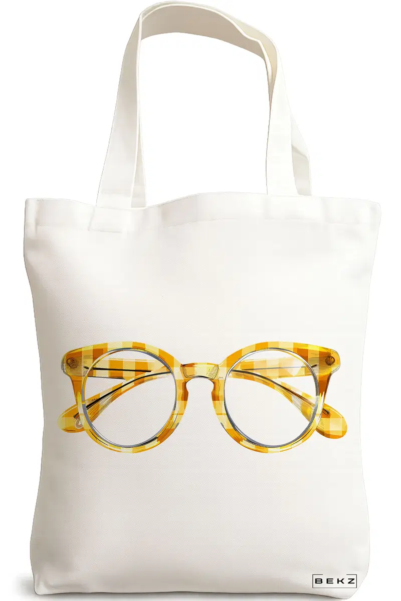 Sacosa Cumparaturi Textila, Geanta Tote, model Yellow Glasses 38 x 34.5 cm, Alb, BEKZ®