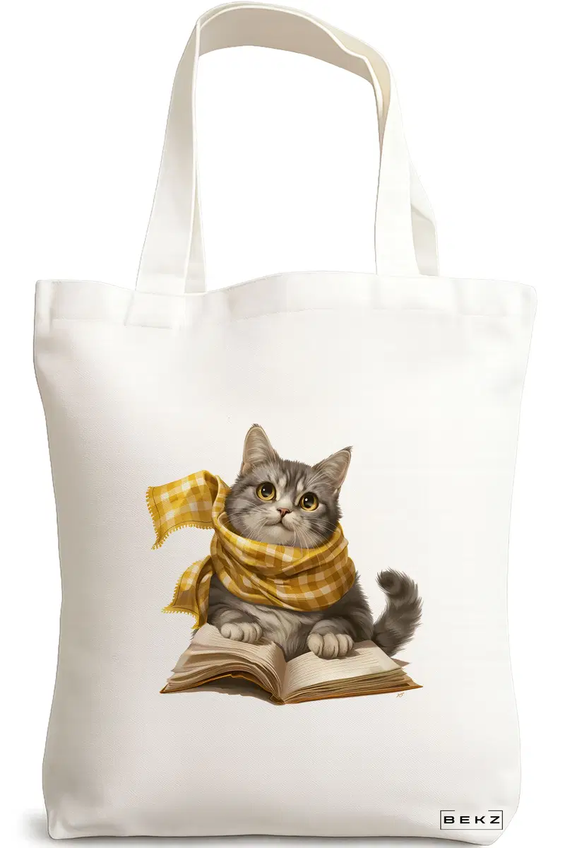 Sacosa Cumparaturi Textila, Geanta Tote, model Reading cat 5 38 x 34.5 cm, Alb, BEKZ®