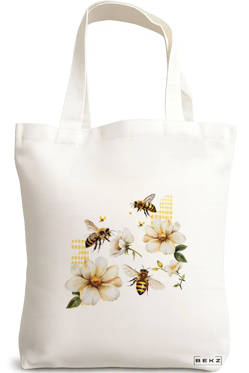 Sacosa Cumparaturi Textila, Geanta Tote, model Bees and flowers 38 x 34.5 cm, Alb, BEKZ®