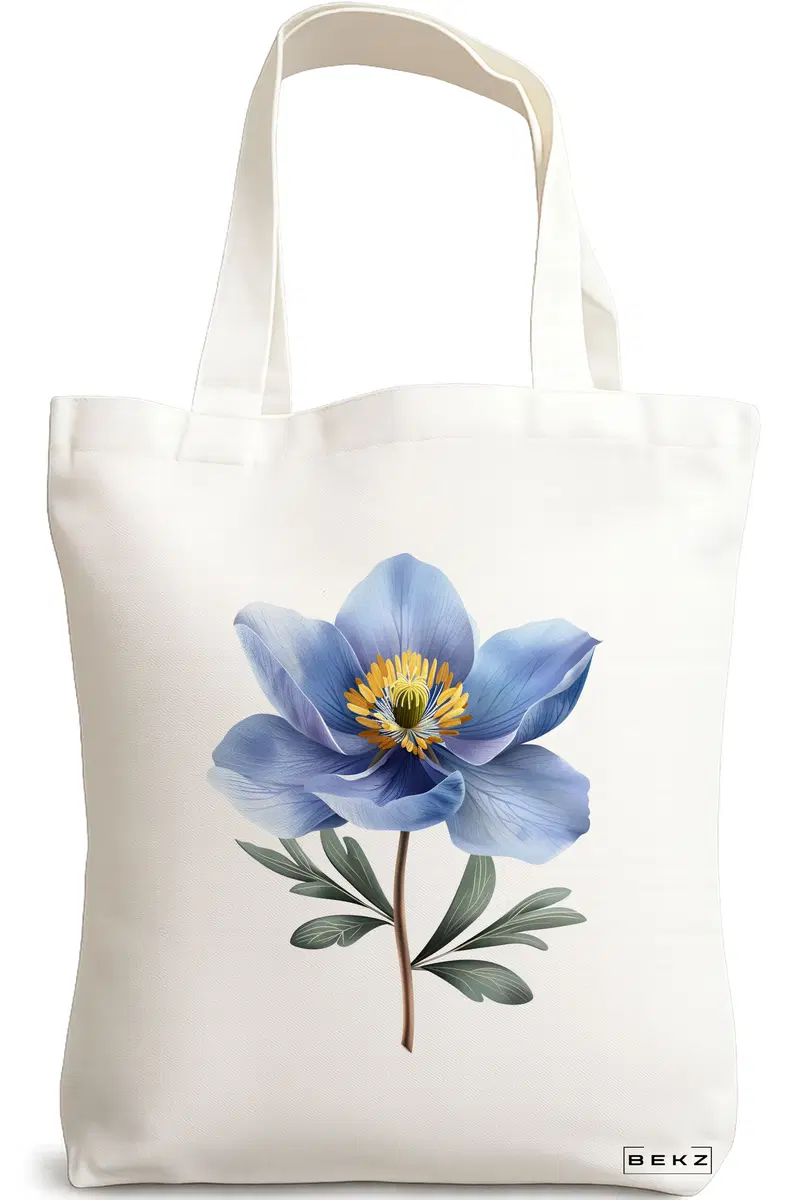 Sacosa Cumparaturi Textila, Geanta Tote, model Blue Flower 38 x 34.5 cm, Alb, BEKZ®