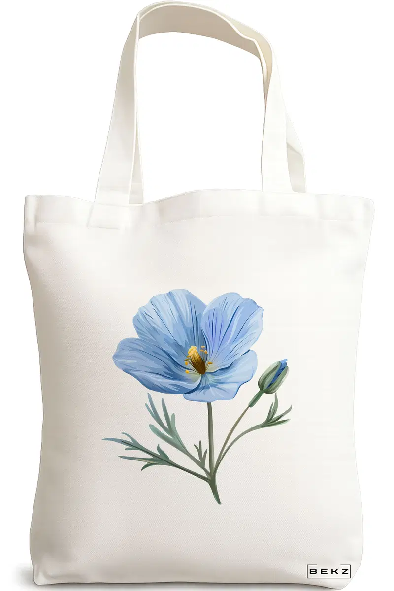 Sacosa Cumparaturi Textila, Geanta Tote, model Blue Flower 2 38 x 34.5 cm, Alb, BEKZ®