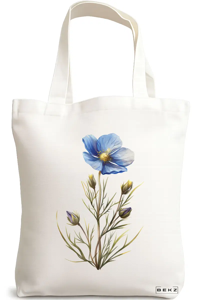 Sacosa Cumparaturi Textila, Geanta Tote, model Blue Flower 3 38 x 34.5 cm, Alb, BEKZ®