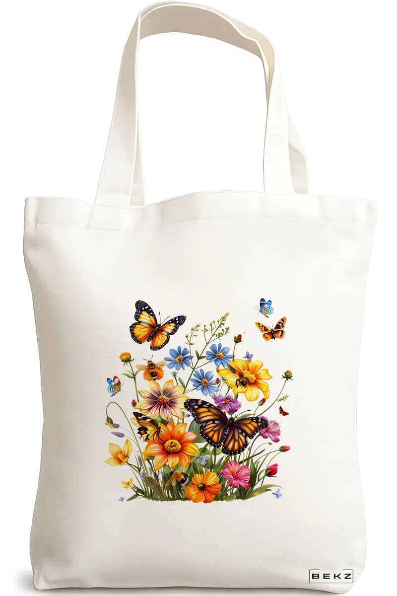 Sacosa Cumparaturi Textila, Geanta Tote, model Flowers 5 38 x 34.5 cm, Alb, BEKZ®