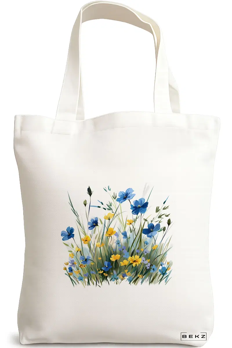 Sacosa Cumparaturi Textila, Geanta Tote, model Flowers 6 38 x 34.5 cm, Alb, BEKZ®