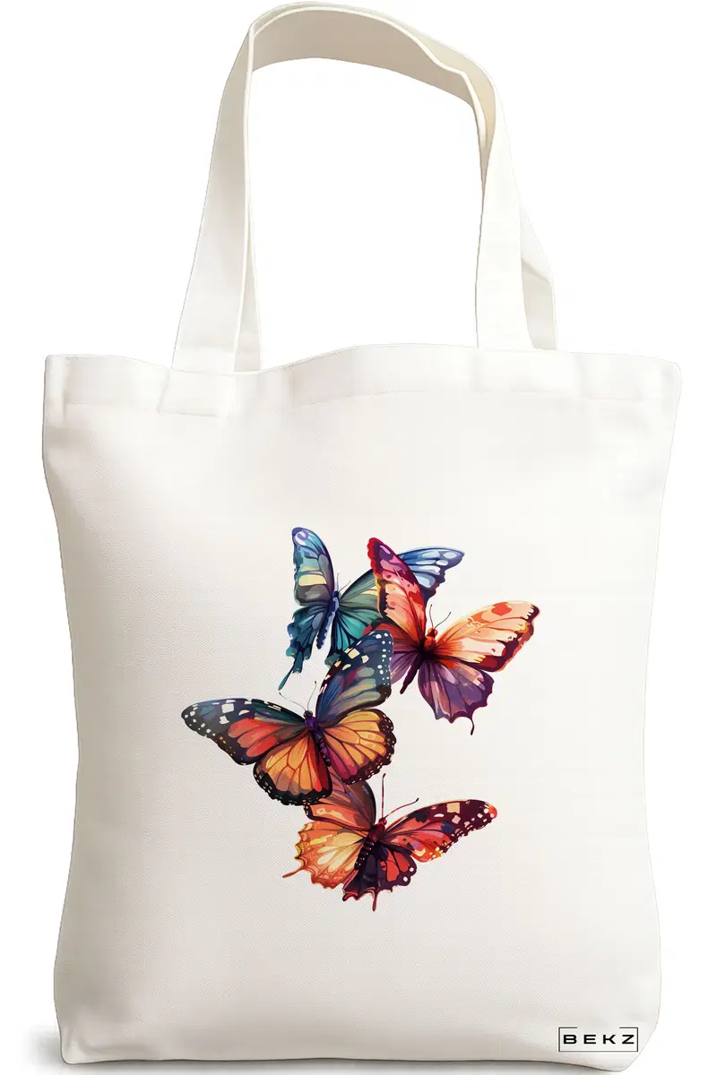 Sacosa Cumparaturi Textila, Geanta Tote, model Artistic butterflies 38 x 34.5 cm, Alb, BEKZ®