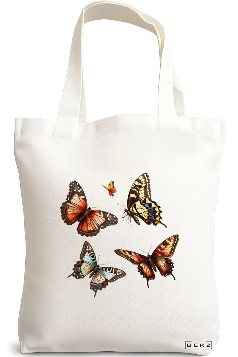 Sacosa Cumparaturi Textila, Geanta Tote, model Artistic butterflies 2 38 x 34.5 cm, Alb, BEKZ®
