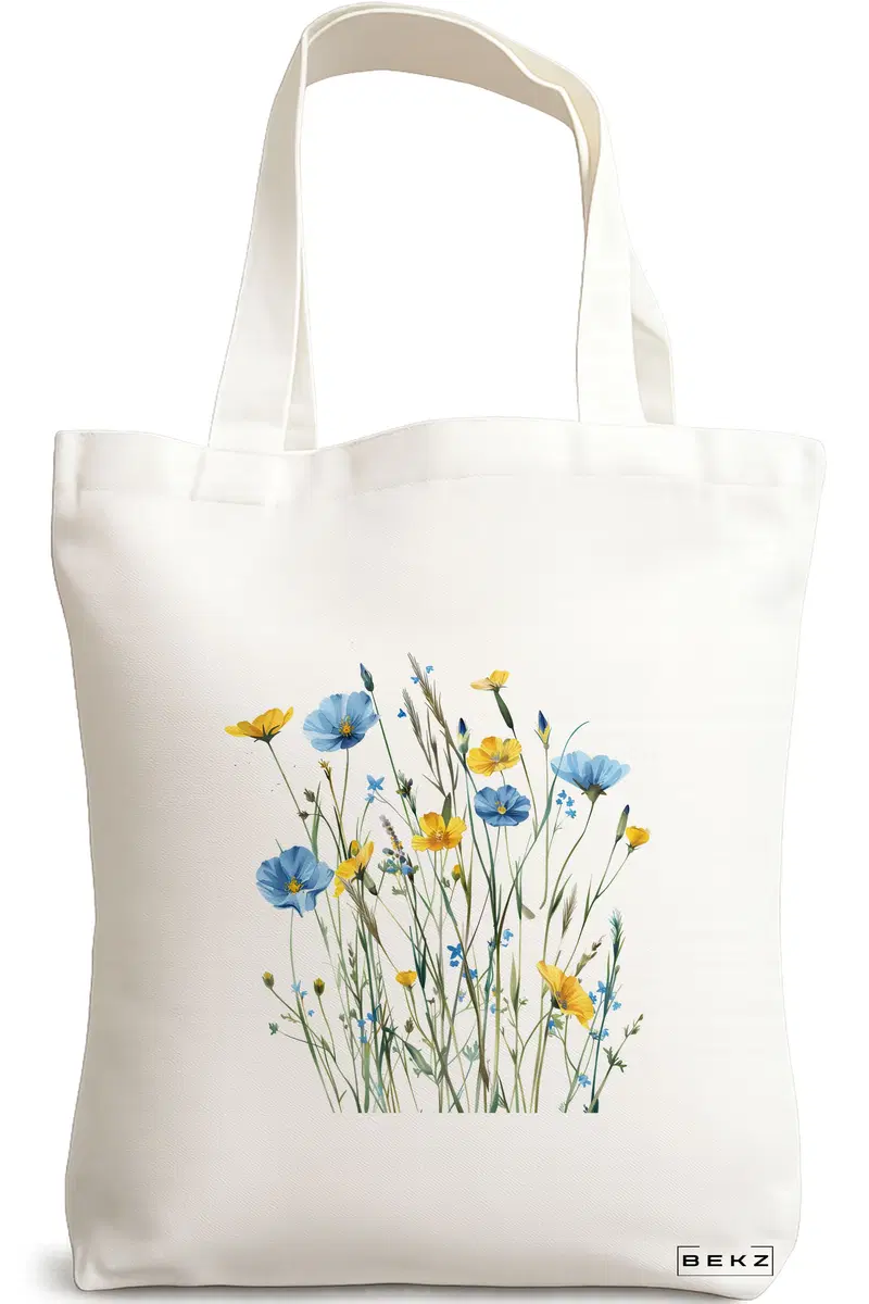 Sacosa Cumparaturi Textila, Geanta Tote, model Flowers 8 38 x 34.5 cm, Alb, BEKZ®