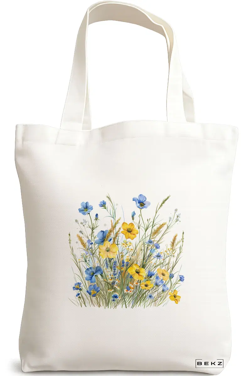 Sacosa Cumparaturi Textila, Geanta Tote, model Flowers 9 38 x 34.5 cm, Alb, BEKZ®