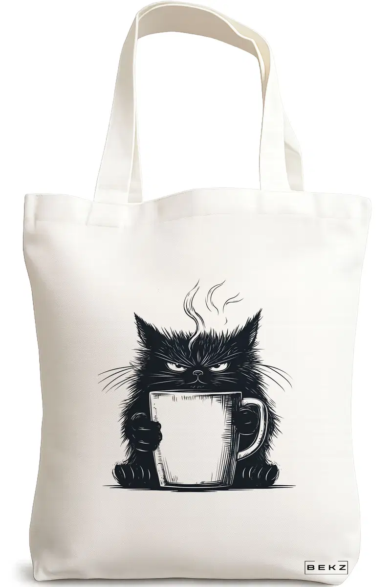 Sacosa Cumparaturi Textila, Geanta Tote, model Grumpy Coffee Cat 38 x 34.5 cm, Alb, BEKZ®