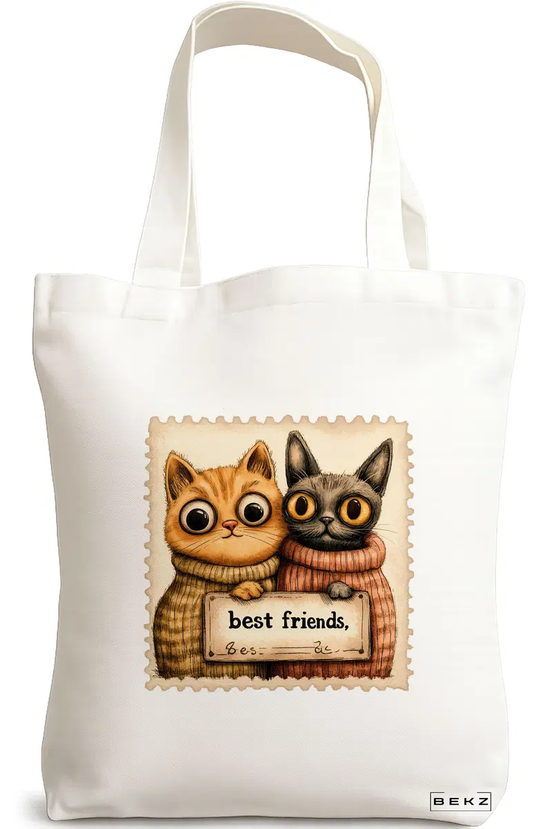 Sacosa Cumparaturi Textila, Geanta Tote, model Best friends Cats 38 x 34.5 cm, Alb, BEKZ®