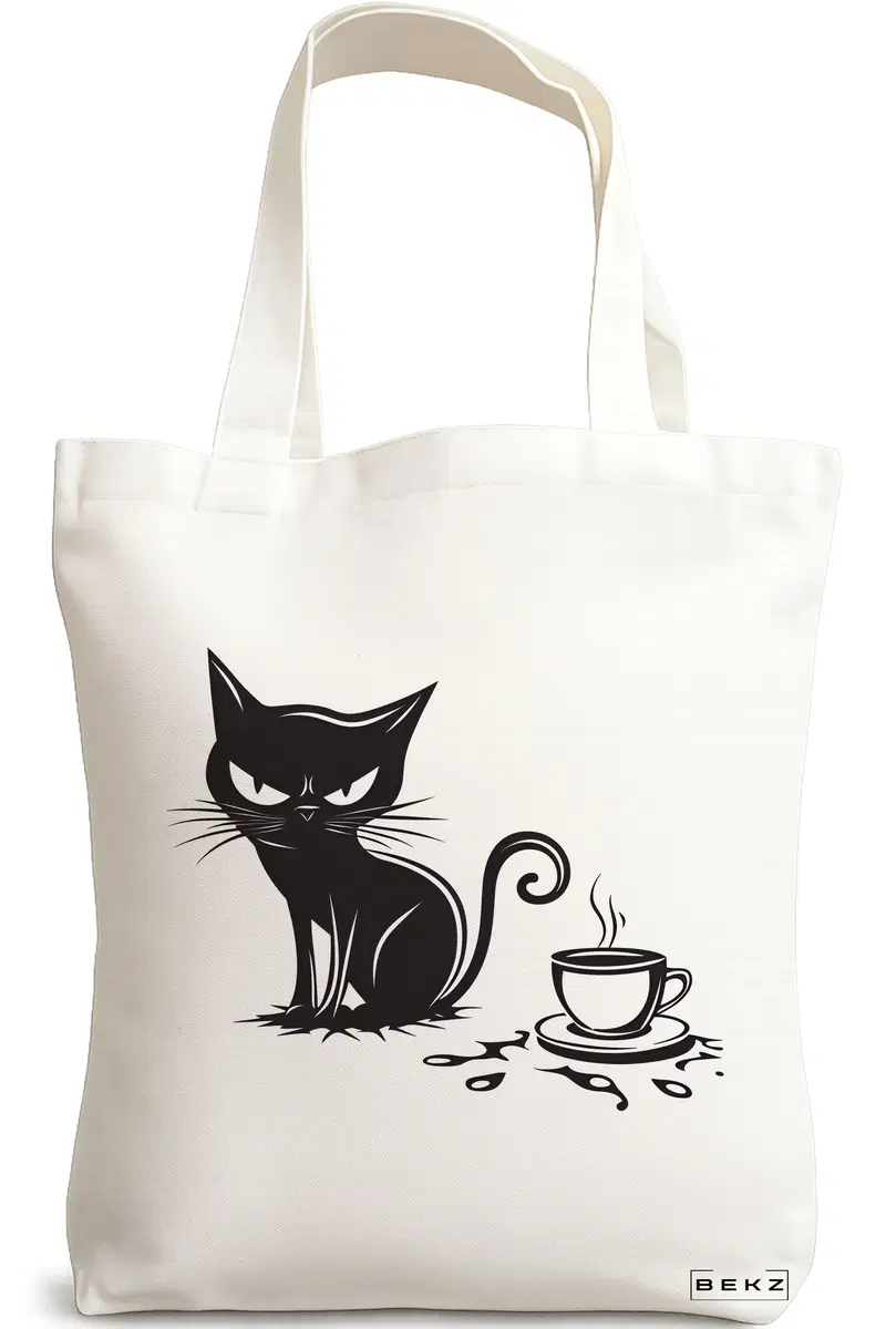 Sacosa Cumparaturi Textila, Geanta Tote, model Purrfectly Brewed 38 x 34.5 cm, Alb, BEKZ®