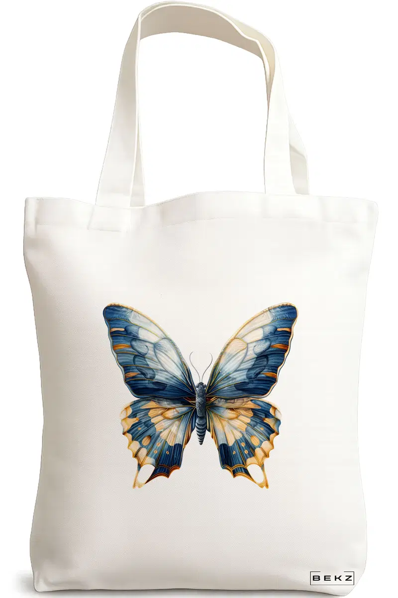 Sacosa Cumparaturi Textila, Geanta Tote, model Artistic butterflies 4 38 x 34.5 cm, Alb, BEKZ®