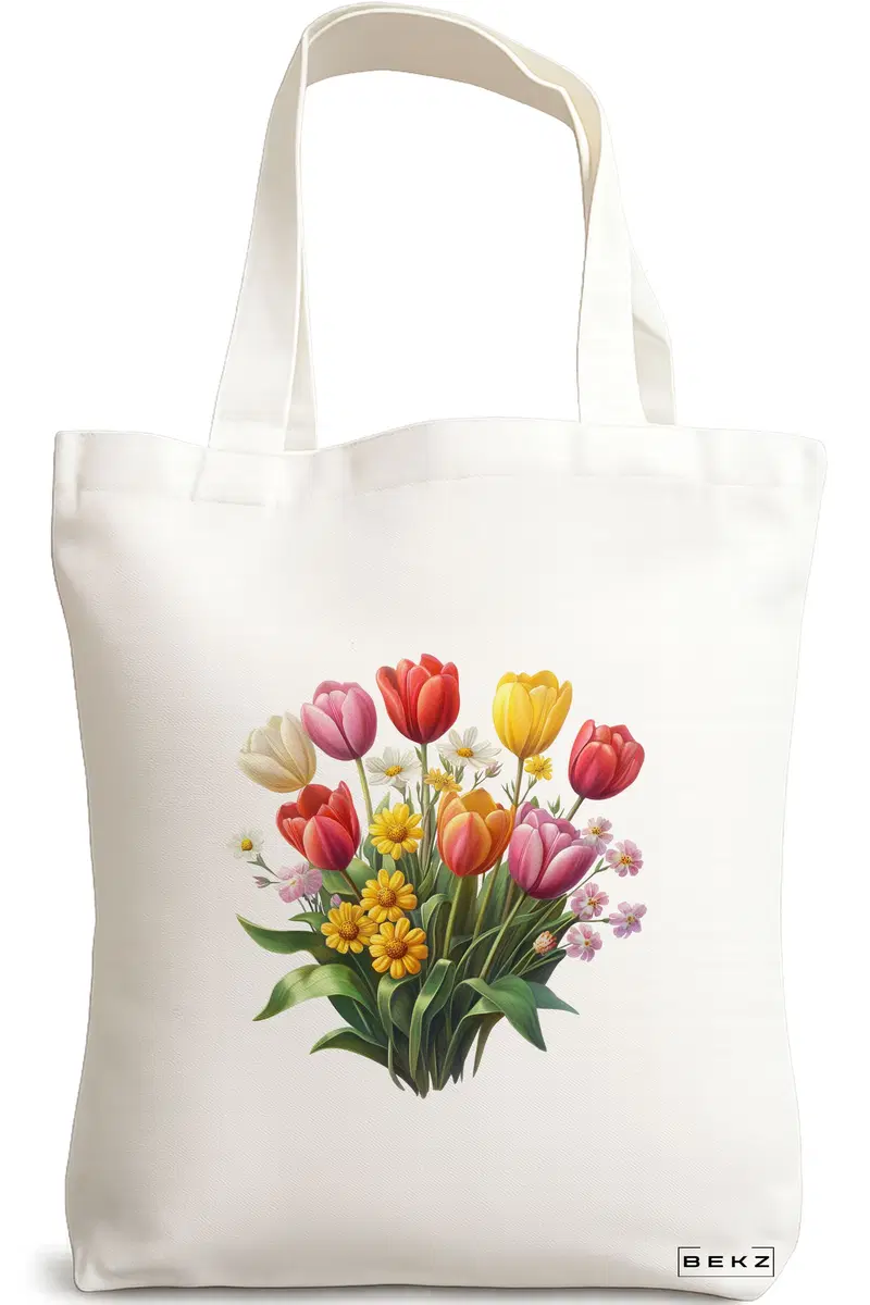 Sacosa Cumparaturi Textila, Geanta Tote, model Flowers 10 38 x 34.5 cm, Alb, BEKZ®
