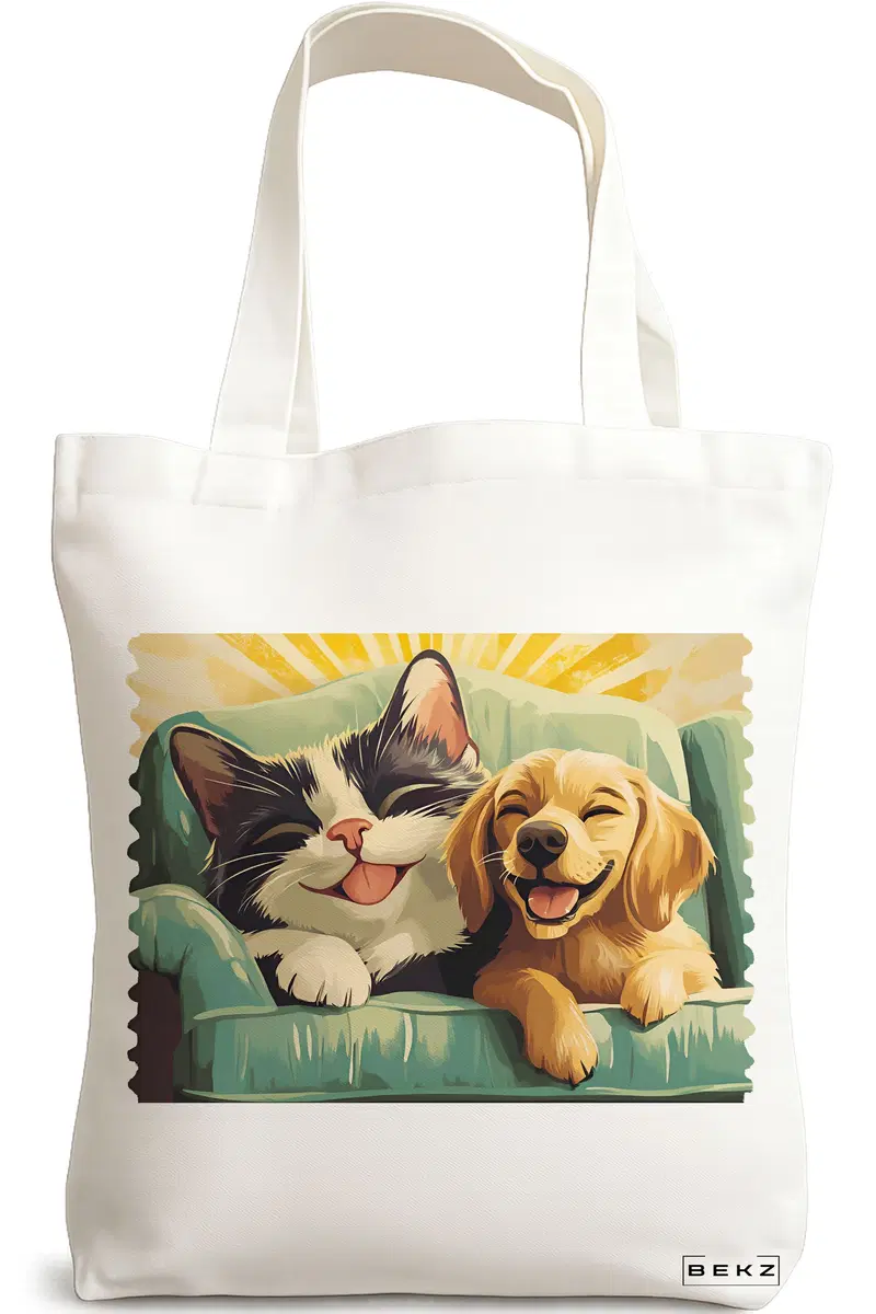 Sacosa Cumparaturi Textila, Geanta Tote, model Best Friends Cat and Doggo 38 x 34.5 cm, Alb, BEKZ®