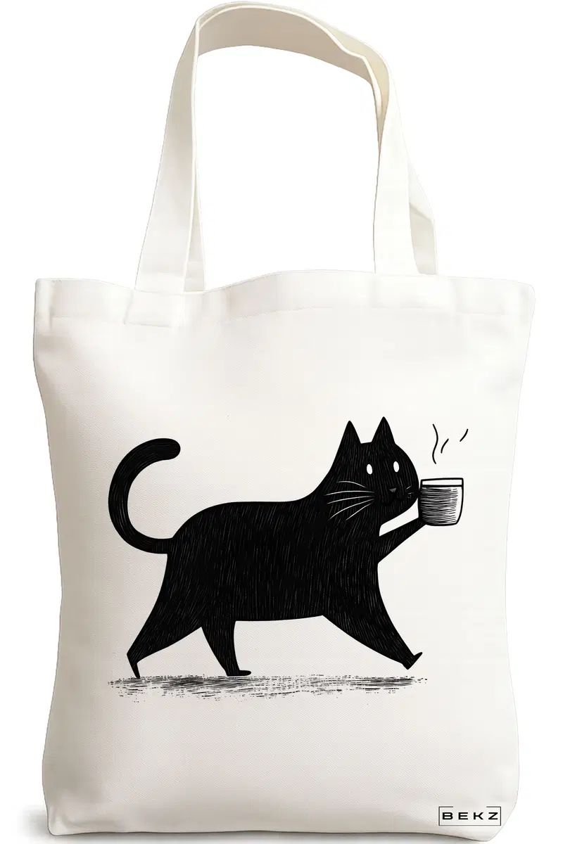 Sacosa Cumparaturi Textila, Geanta Tote, model Caffeine Cat 38 x 34.5 cm, Alb, BEKZ®