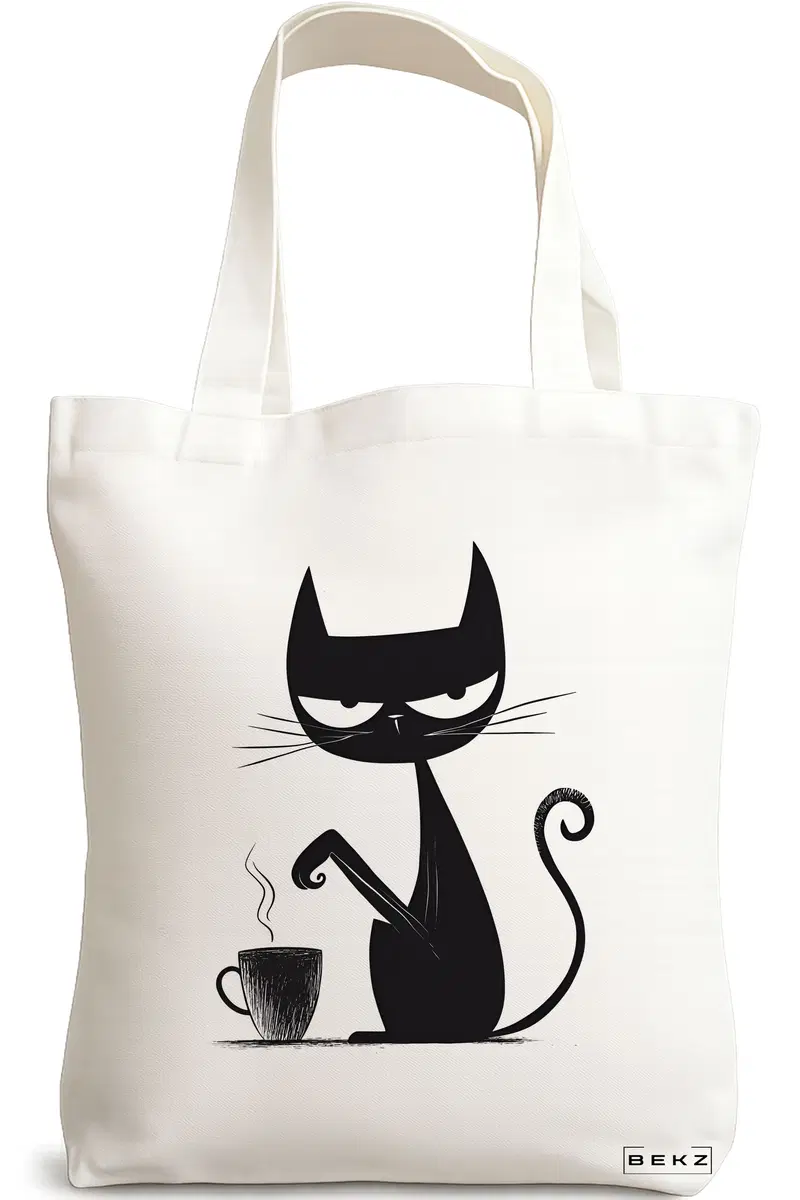 Sacosa Cumparaturi Textila, Geanta Tote, model Caffeine Cat 2 38 x 34.5 cm, Alb, BEKZ®