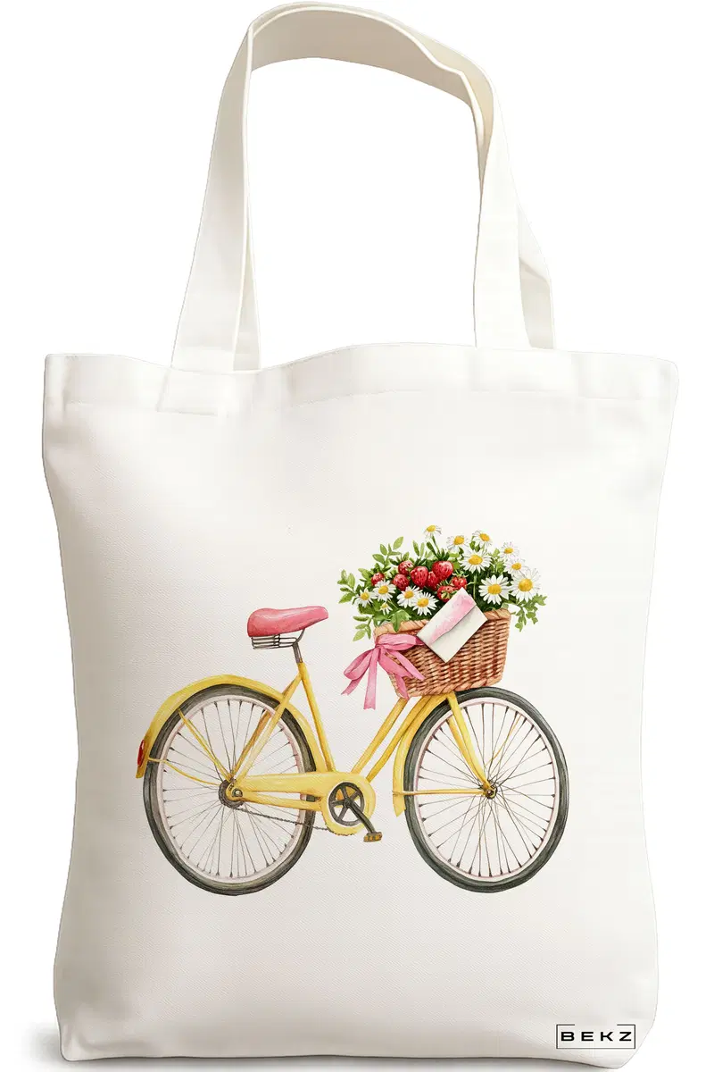 Sacosa Cumparaturi Textila, Geanta Tote, model Flowery Yellow Bike 38 x 34.5 cm, Alb, BEKZ®