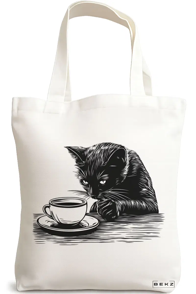 Sacosa Cumparaturi Textila, Geanta Tote, model Caffeine Cat 3 38 x 34.5 cm, Alb, BEKZ®