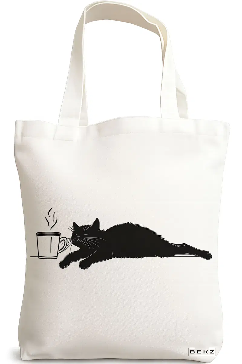 Sacosa Cumparaturi Textila, Geanta Tote, model Caffeine Cat 4 38 x 34.5 cm, Alb, BEKZ®