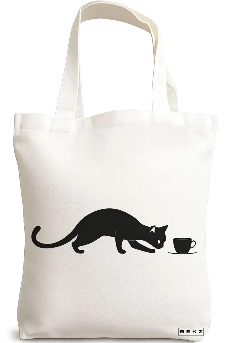Sacosa Cumparaturi Textila, Geanta Tote, model Caffeine Cat 5 38 x 34.5 cm, Alb, BEKZ®