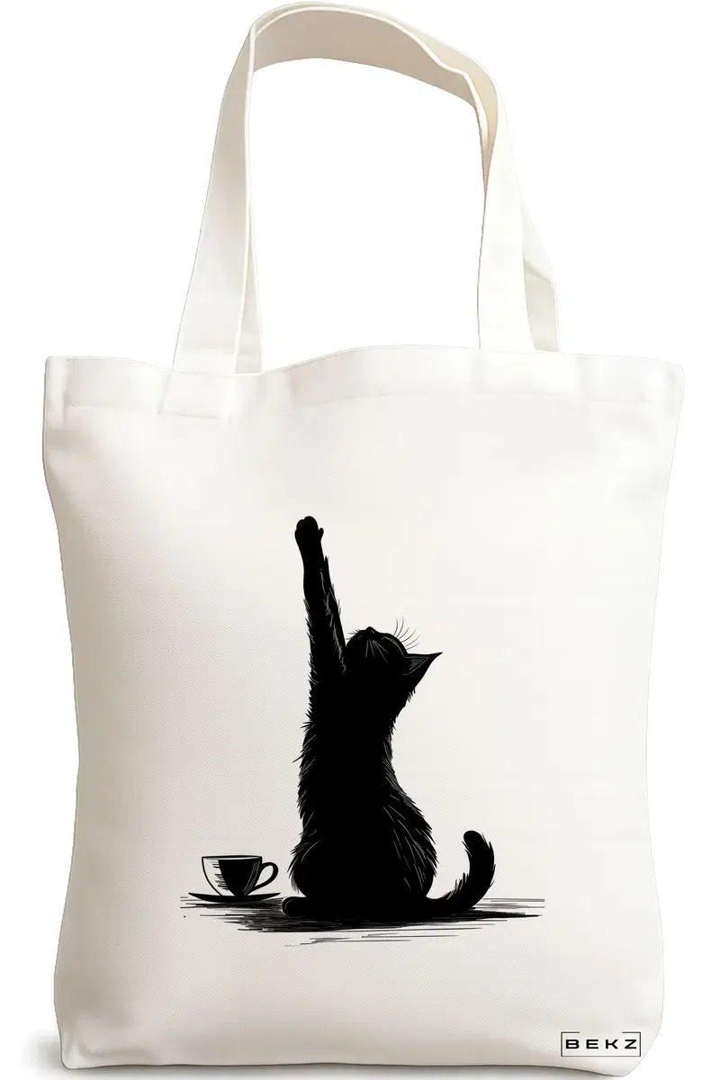 Sacosa Cumparaturi Textila, Geanta Tote, model Caffeine Cat 6 38 x 34.5 cm, Alb, BEKZ®
