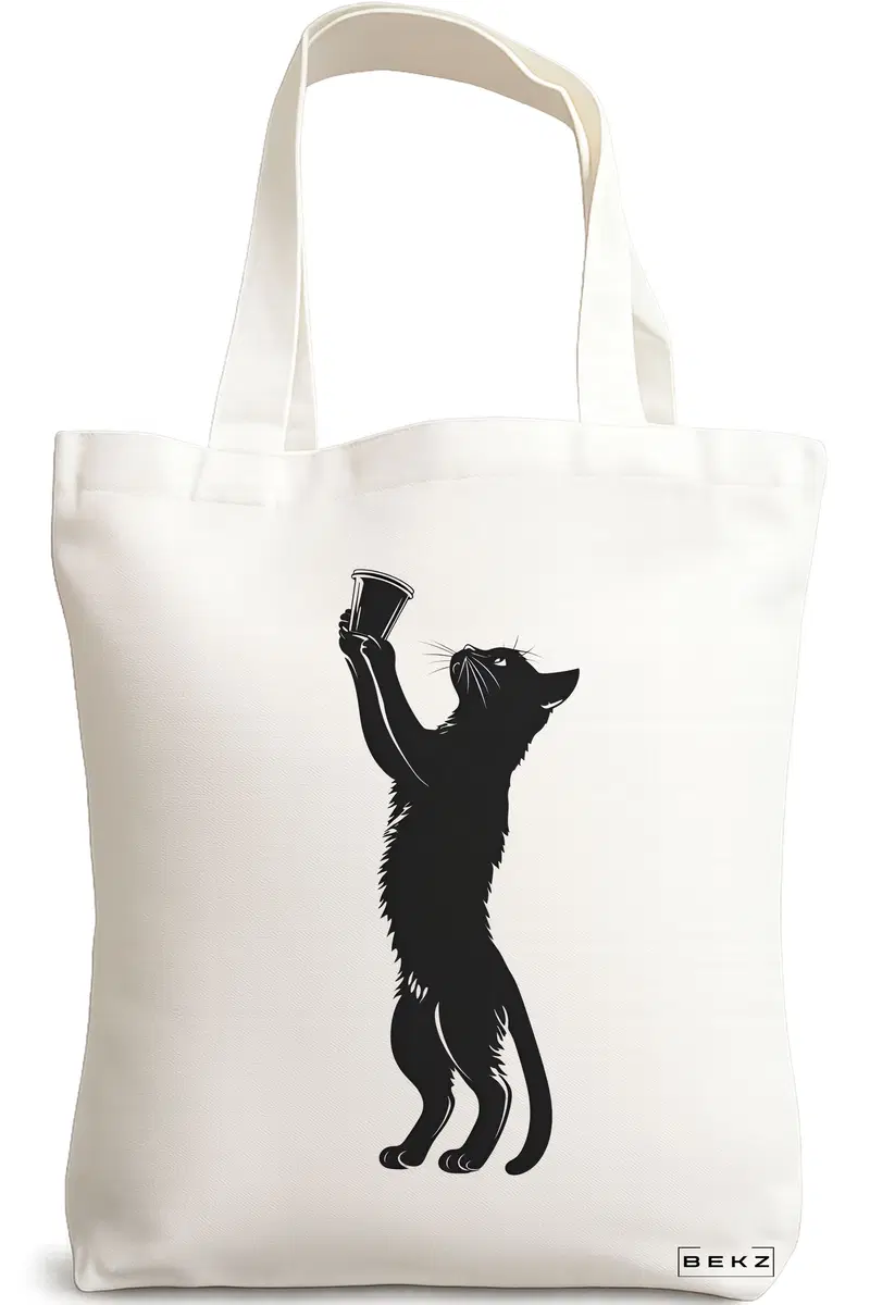 Sacosa Cumparaturi Textila, Geanta Tote, model Caffeine Cat 7 38 x 34.5 cm, Alb, BEKZ®