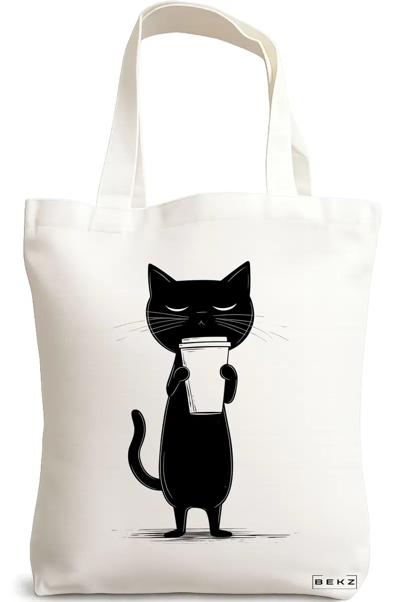 Sacosa Cumparaturi Textila, Geanta Tote, model Caffeine Cat 8 38 x 34.5 cm, Alb, BEKZ®