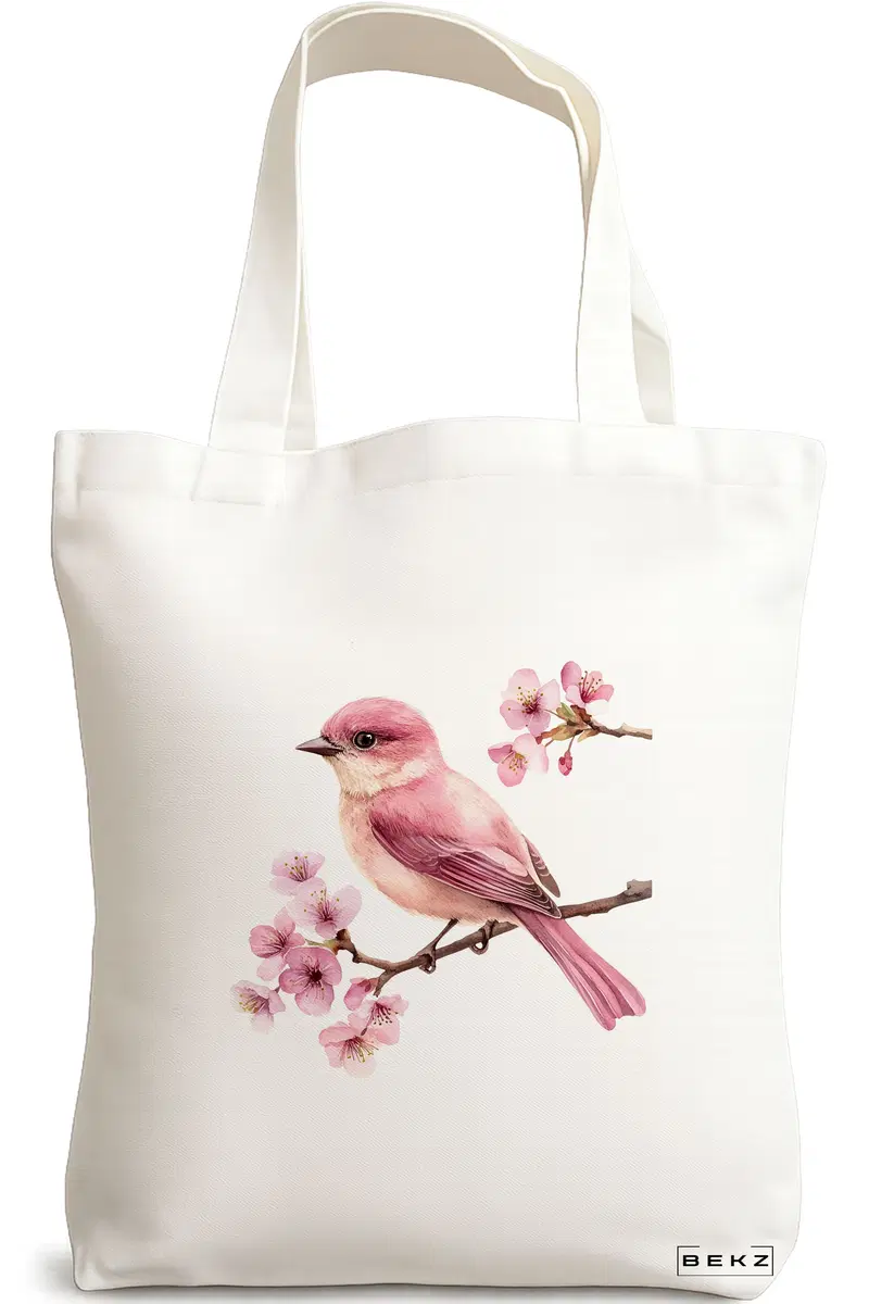 Sacosa Cumparaturi Textila, Geanta Tote, model Rose bird on the tree 38 x 34.5 cm, Alb, BEKZ®