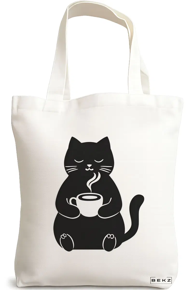 Sacosa Cumparaturi Textila, Geanta Tote, model Caffeine Cat 9 38 x 34.5 cm, Alb, BEKZ®