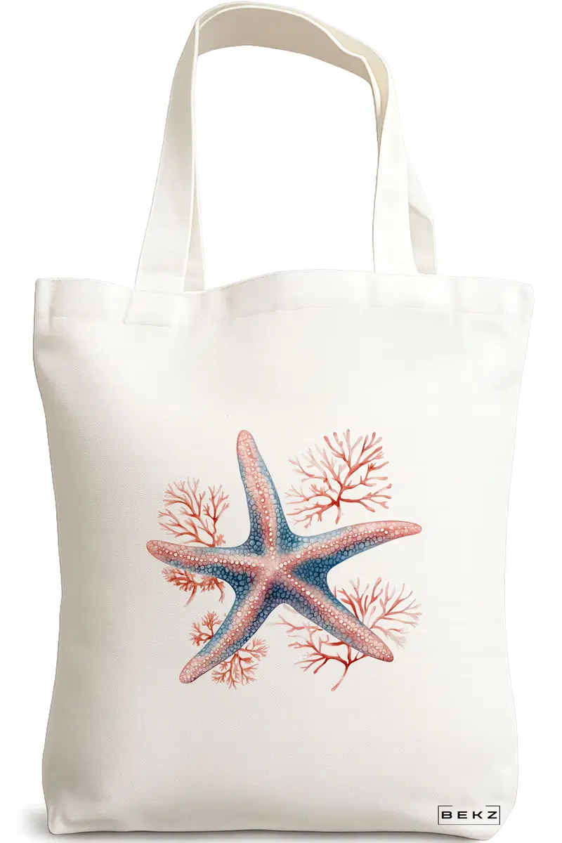 Sacosa Cumparaturi Textila, Geanta Tote, model Marine bloom 38 x 34.5 cm, Alb, BEKZ®