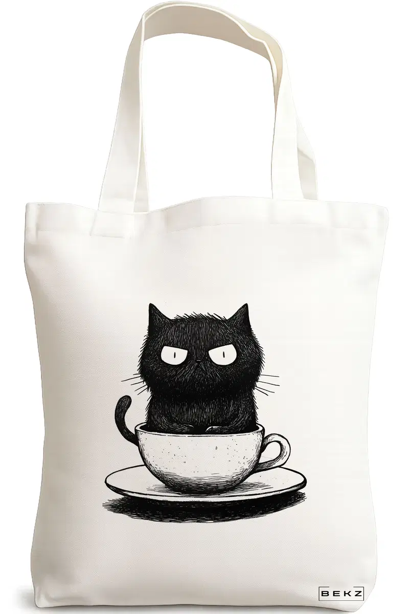 Sacosa Cumparaturi Textila, Geanta Tote, model Caffeine Cat 10 38 x 34.5 cm, Alb, BEKZ®