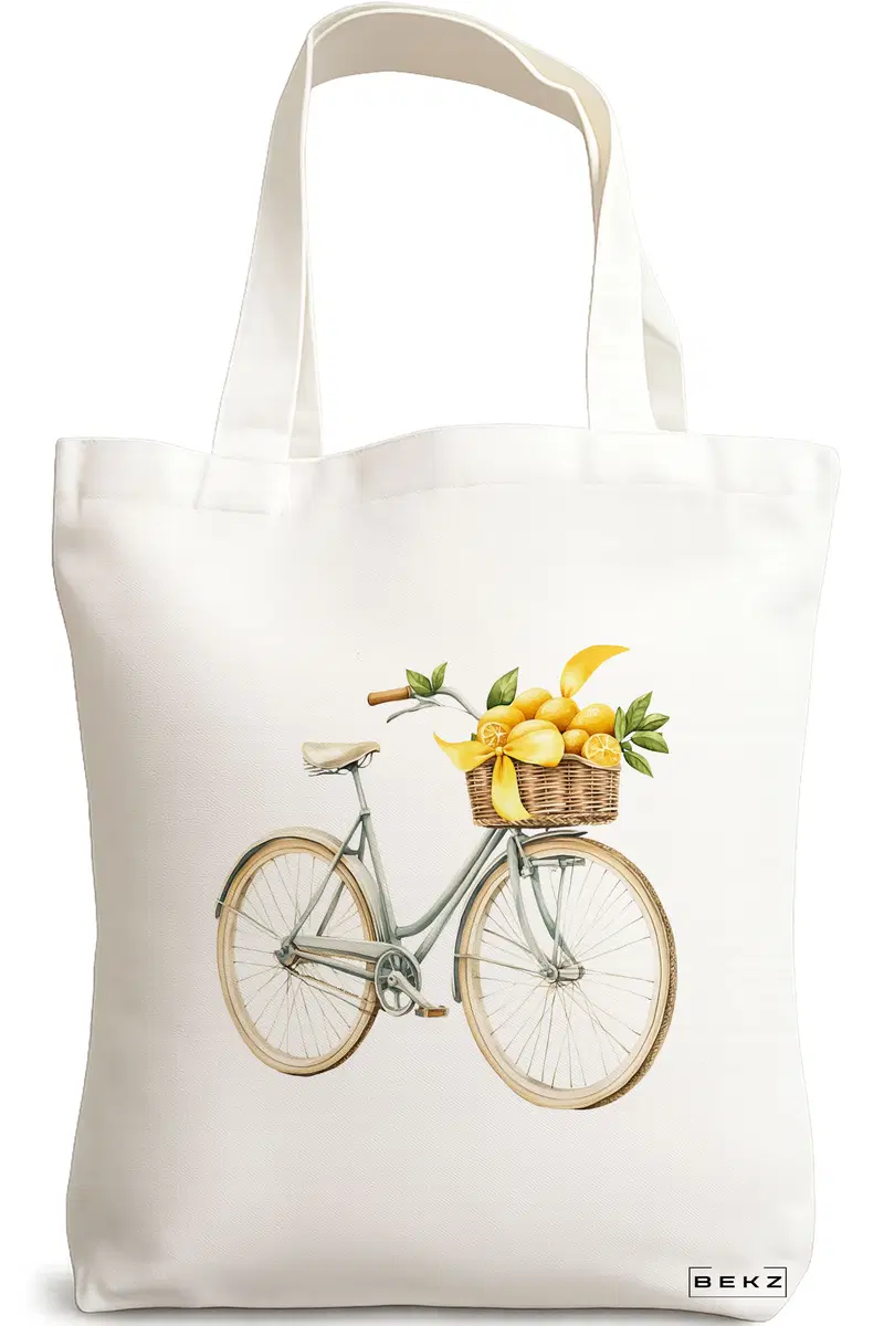 Sacosa Cumparaturi Textila, Geanta Tote, model Lemons on bicycle 38 x 34.5 cm, Alb, BEKZ®