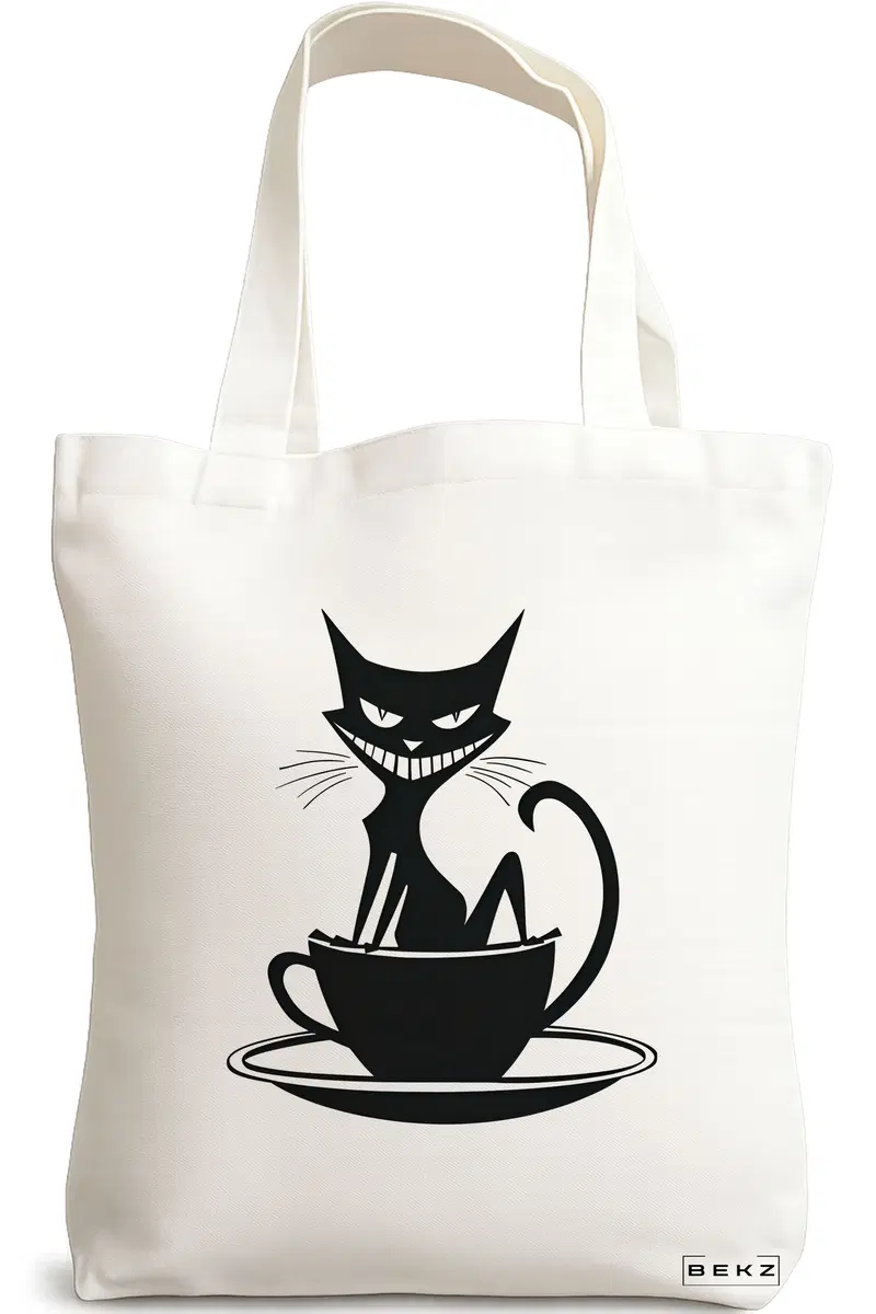 Sacosa Cumparaturi Textila, Geanta Tote, model Caffeine Cat 11 38 x 34.5 cm, Alb, BEKZ®