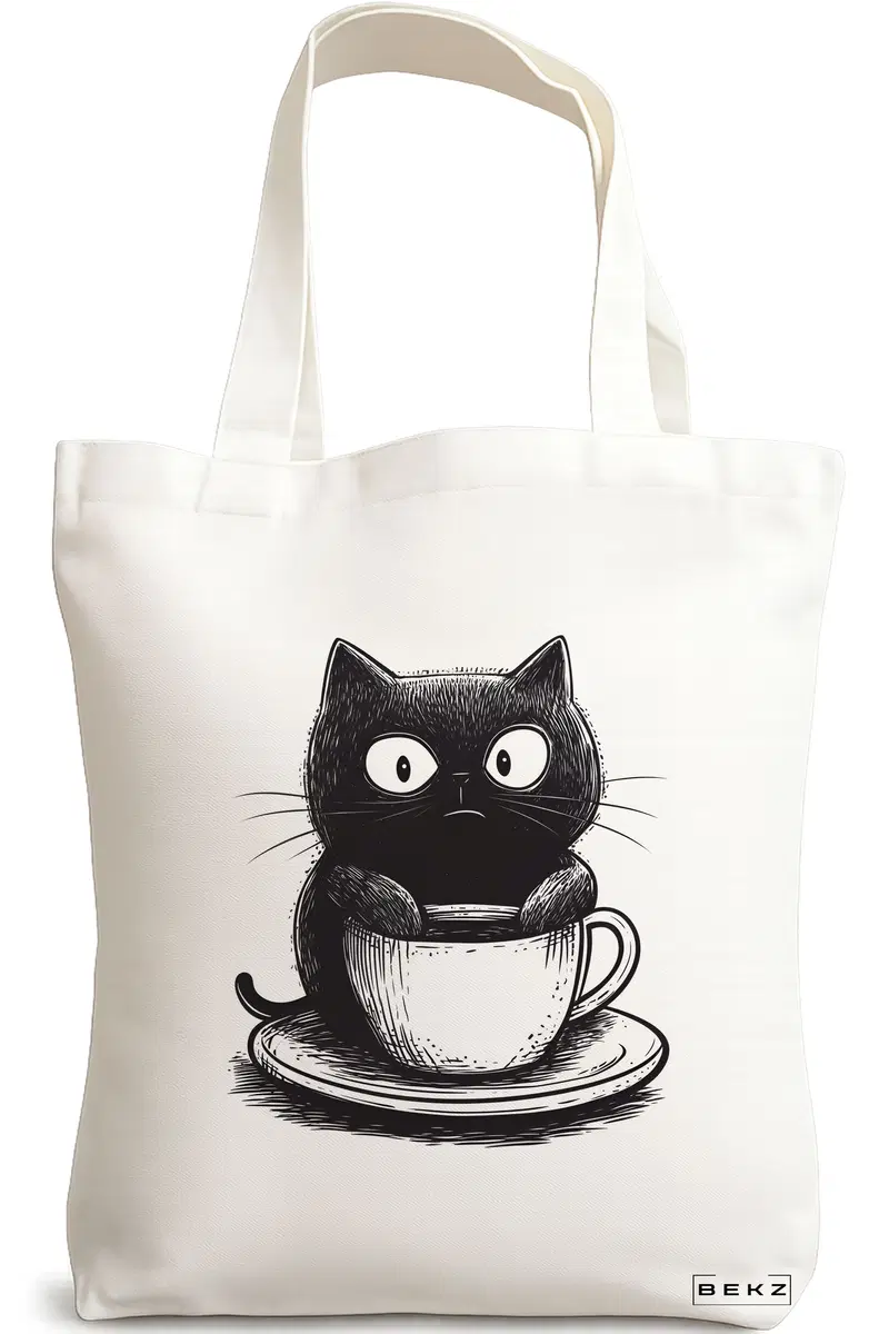Sacosa Cumparaturi Textila, Geanta Tote, model Caffeine Cat 12 38 x 34.5 cm, Alb, BEKZ®