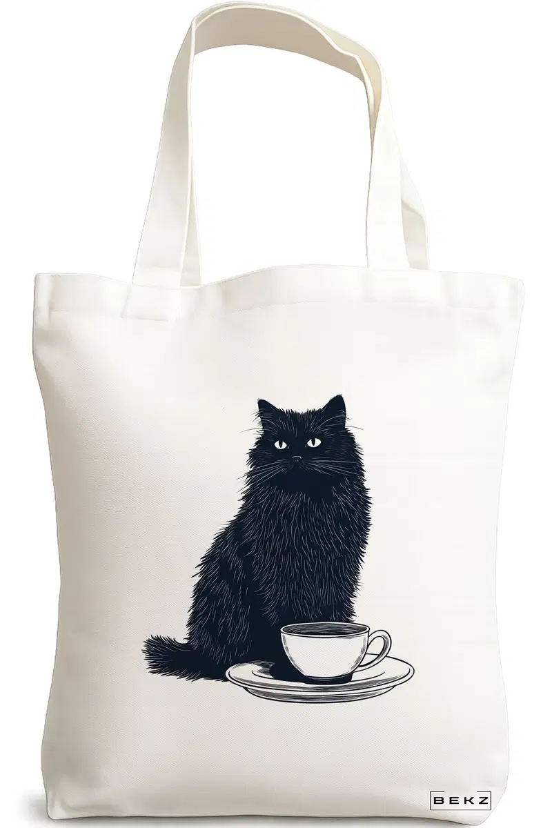 Sacosa Cumparaturi Textila, Geanta Tote, model Caffeine Cat 13 38 x 34.5 cm, Alb, BEKZ®