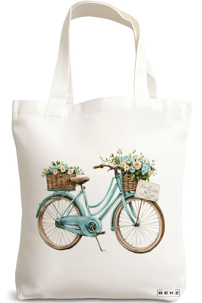 Sacosa Cumparaturi Textila, Geanta Tote, model The blue bicycle and flowers 38 x 34.5 cm, Alb, BEKZ®