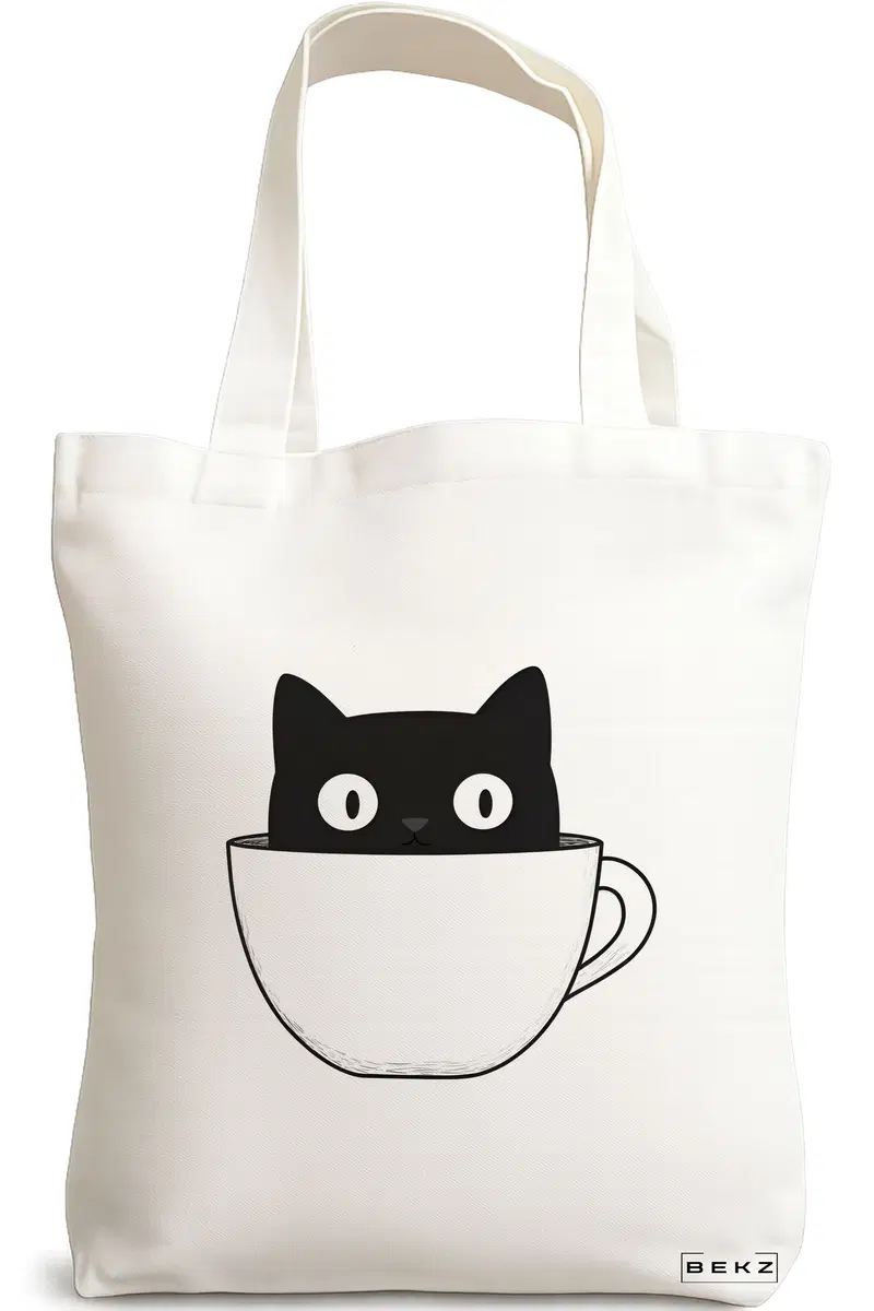 Sacosa Cumparaturi Textila, Geanta Tote, model Caffeine Cat 14 38 x 34.5 cm, Alb, BEKZ®